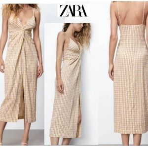 Zara yelllow gingham check plaid twist knot detail front slit midi dress size M